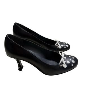 Stuart Weitzman Polka Dot Round Toe High Heels 6.5 Medium Black White Leather